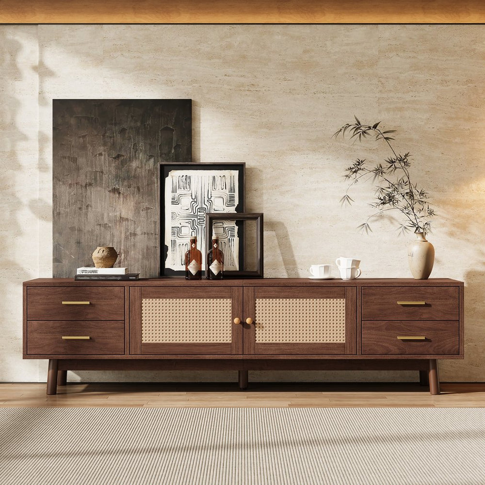 English Elm 70 Inch Mid Century Media Console with Tambour Doors Fluted Drawers and Wood Legs N710P419839P