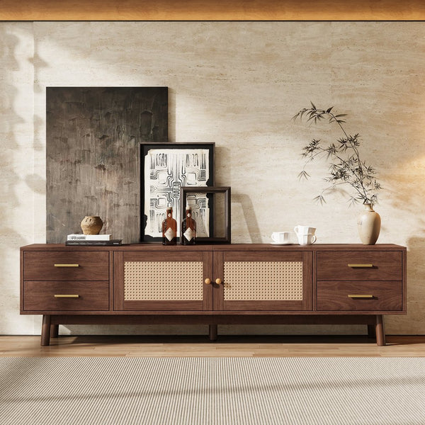 English Elm 70 Inch Mid Century Media Console with Tambour Doors Fluted Drawers and Wood Legs N710P419839P