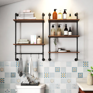 English Elm Industrial Rustic Pipe Wall Shelves 3 & 2 Tier 36" Wood Display with 8 Open Shelves & Hooks, Farmhouse W331P279737