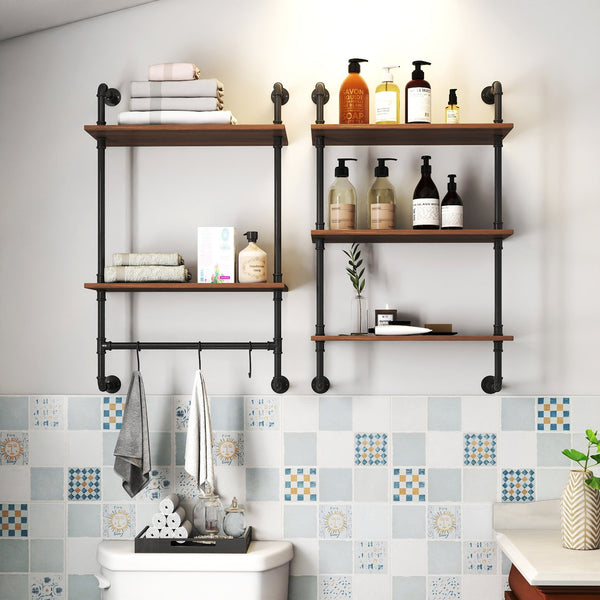 English Elm Industrial Rustic Pipe Wall Shelves 3 & 2 Tier 36" Wood Display with 8 Open Shelves & Hooks, Farmhouse W331P279737