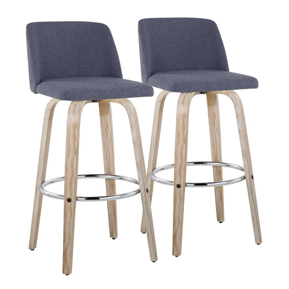 English Elm 30" Swivel Barstools Set of 2 Whitewashed Wood Blue Seat Chrome Footrest Bar B202S00678