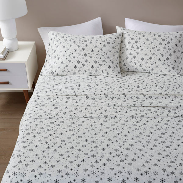 JLA Home Beautyrest - 4 Premium Cotton Flannel Sheet Set Oversized Fit, Brushed Softness, OEKO-TEX Certified Warmth & Durability Black Snowflakes BR20-4669