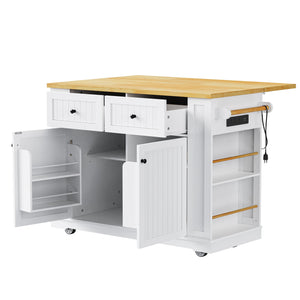 English Elm 48 Inch Rolling Kitchen Island Drop Leaf Prep Cart with Power Outlets and Open Shelving White N707S257057W