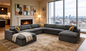 English Elm Coffee Bean Textured Modular Sectional Low Profile Lounge Sofa with Toss Pillows Light Gray B2748S00073