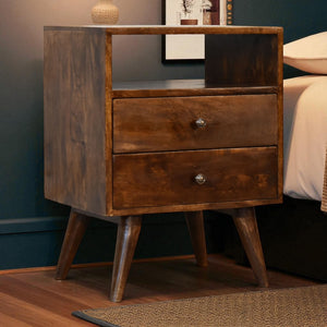 English Elm Classic Chestnut Solid Mango Wood Nightstand with Brass Knobs, 2 Drawers & Open Shelf, Nordic Legs B182P336645