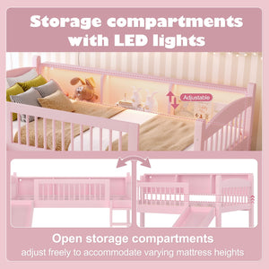 English Elm Twin Low Loft Bed Solid Pine Frame with Built-in Led Lighting and Storage Shelves Pink W1580P395929
