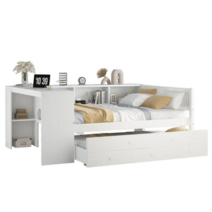 English Elm Full Size Daybed With Trundle & Desk, Solid Pine Frame, Storage Drawers, Modern White Design W1580S00205