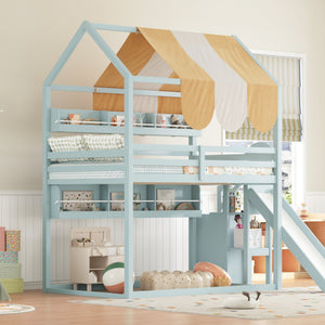 English Elm Full Size Wood Loft Bed with Canopy Slide and Built in Bookshelves for Kids Light Green N7090005021F
