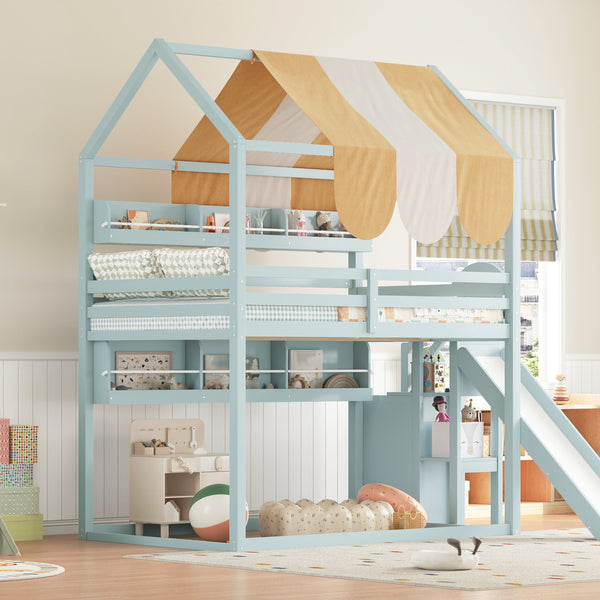English Elm Full Size Wood Loft Bed with Canopy Slide and Built in Bookshelves for Kids Light Green N7090005021F