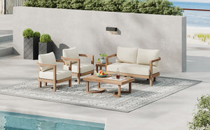 English Elm Christopher Knight Home® - 5-Pieces Acacia Wood Patio Set with Plush Beige Cushions, Coffee & End Tables, Durable Outdoor Seating N780P7230308