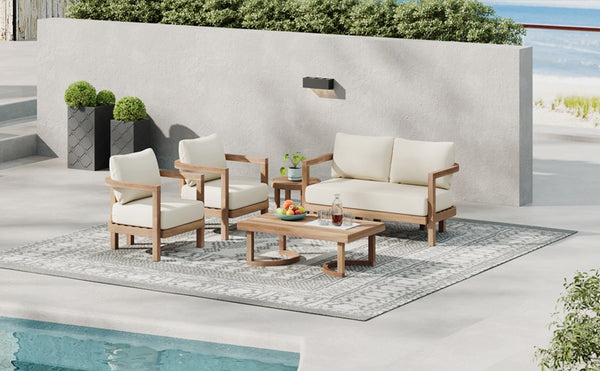 English Elm Christopher Knight Home® - 5-Pieces Acacia Wood Patio Set with Plush Beige Cushions, Coffee & End Tables, Durable Outdoor Seating N780P7230308