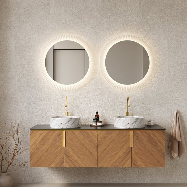 English Elm ARAI 60" Bathroom Vanity with Dual Ceramic Vessel Sinks, Sintered Stone Top, Plywood Storage Cabinet with Soft-Close Doors and Brushed Gold Handles Black,Brown Oak,Stone White W2615S00447