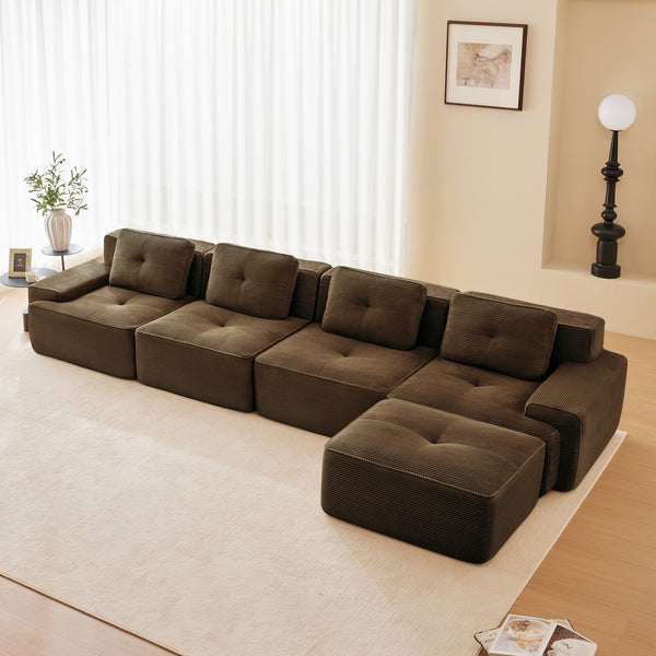 English Elm 153" Modern L-Shaped Modular Sectional Sofa - Cozy Corduroy Couch With Movable Ottoman & Tufted Design W714S01508