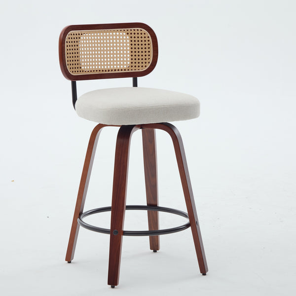 English Elm Set of 2 Swivel Counter Stools Walnut Frame Rattan Back Linen Seat Kitchen Island Beige W1143P392171