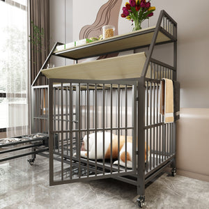 English Elm Large Pet Cage with Iron Frame Mdf Panels Storage Rack and Steel Feeding Basins Beige,Black W3064P245386