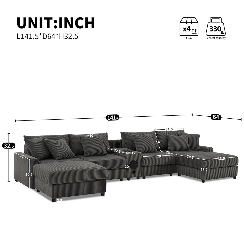 English Elm [video]141.5*64'' Corduroy U-shaped Sectional with Bluetooth Speakers and Ottoman N723S0756E