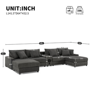 English Elm [video]141.5*64'' Corduroy U-shaped Sectional with Bluetooth Speakers and Ottoman N723S0756E