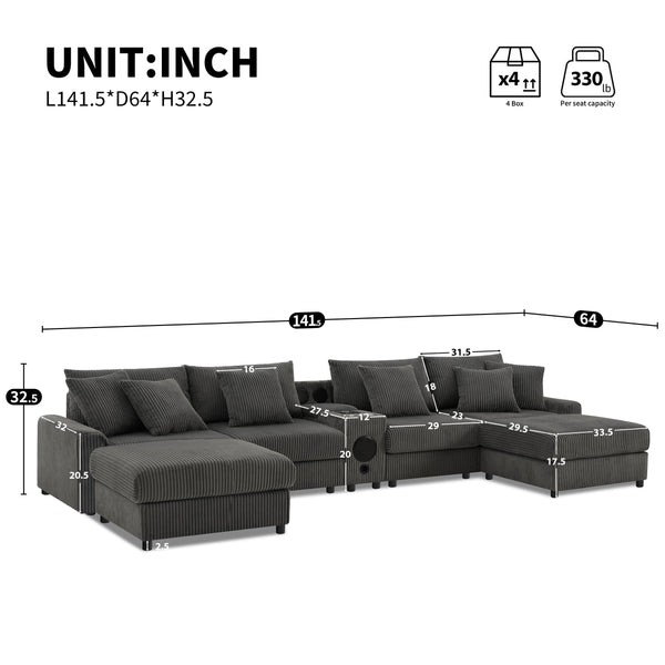 English Elm [video]141.5*64'' Corduroy U-shaped Sectional with Bluetooth Speakers and Ottoman N723S0756E