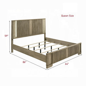 English Elm 1pc Transitional Queen Bed with Reeded Panels and Built-In LED Headboard in Antique Finish, Solid Wood Oak 66 L x 37 W x 7 H B2741S00744