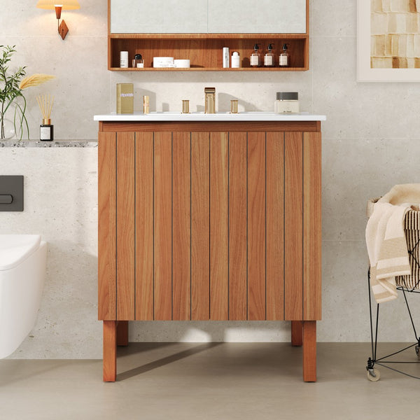 English Elm Christopher Knight Home® - 30" Modern Bathroom Vanity with Ceramic Sink, Natural Wood Grain, 45° Handle, Soft-Close, Ample Storage N817P245325N