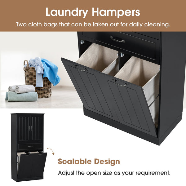 English Elm Christopher Knight Home® - Bathroom Storage Cabinet with Doors Drawer & Dual Laundry Baskets, MDF Build, Adjustable Shelf, Anti-Tip Device Black N759P243350B