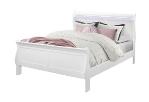 English Elm CHARLSTON Solid Wood Full Sleigh Bed with LED Headboard, Transitional Panel Design, Durable Finish White Queen B201S00008