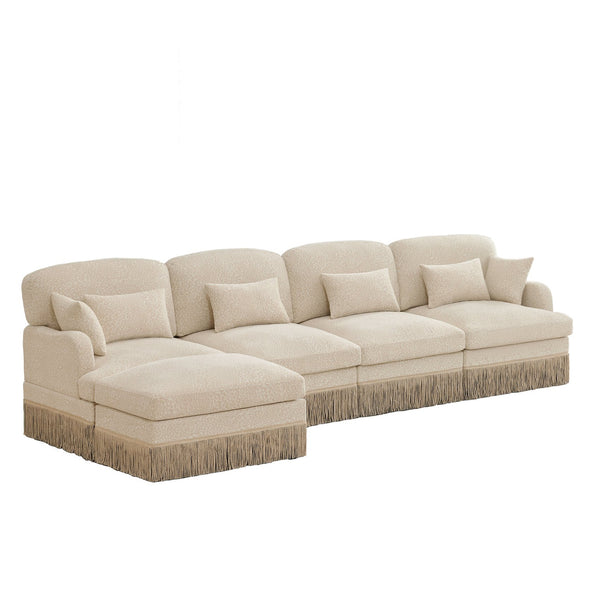 English Elm 131"comfy Chenille Leopard Print Sectional Sofa with Tassel Trim and Movable Ottoman Beige W5656S00008