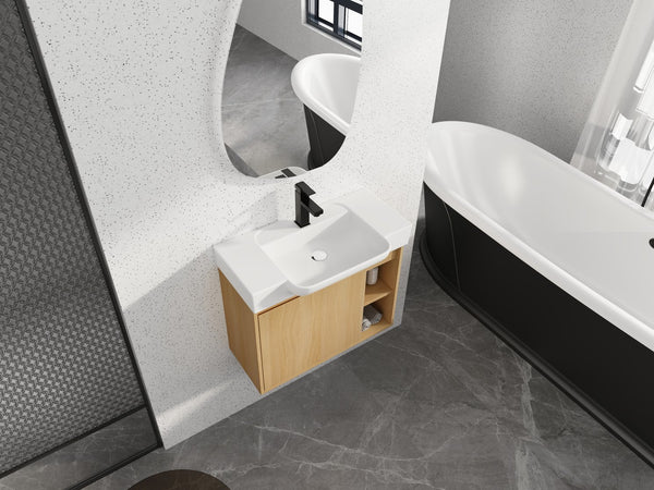 English Elm 28'' Floating Bathroom Vanity with Ceramic Sink Soft Close Door Melamine Cabinet Light Oak W999P426639