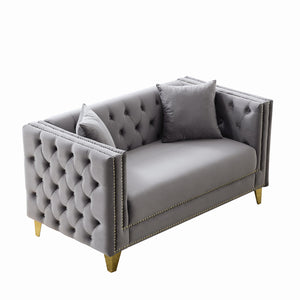 English Elm 58"Chesterfield Velvet Sofa Elegant Tufted 2-Seater Deep Seat with Nailhead Trim Solid Wood Frame Grey W3373S00029