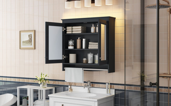 English Elm 3-in-1 Wall Mounted Medicine Cabinet with Soft Close Door Adjustable Shelves and Towel Bar Black N710P405415B