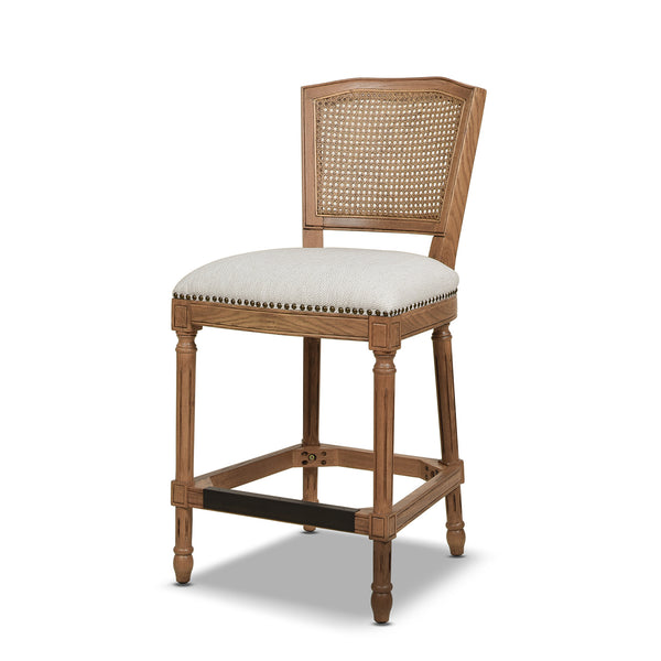 English Elm Jennifer Taylor Home - Triomphe Rattan Wicker High Back Armless Counter Stool — French Country Oak Frame, Upholstered Comfort White B2719P238385