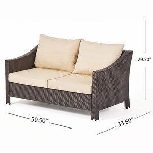 English Elm Christopher Knight Home® - ANTIBES RATTAN LOVESEAT SET WITH SIDE TABLE – Weatherproof PE Wicker, Iron Frame, Compact Patio Seating Brown 57088.00SET