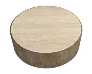 Sunpan Oberon Coffee Table – Handcrafted Round Design with Solid Travertine Top and Oak Veneer Base Small - W x 48D x 16.25H
