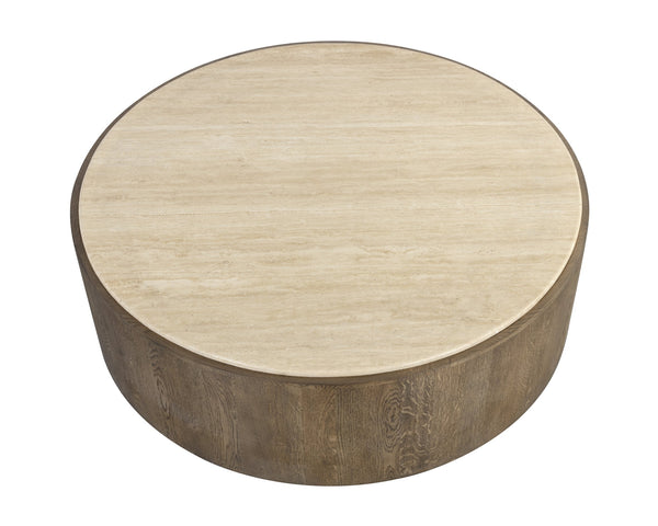 Sunpan Oberon Coffee Table – Handcrafted Round Design with Solid Travertine Top and Oak Veneer Base Small - W x 48D x 16.25H
