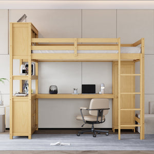 English Elm Full Size Pine Loft Bed House Frame with Slide Bookshelves and Moon Star Rails W1580S00163