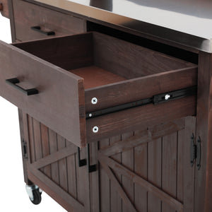 English Elm K&k Solid Fir Grill Cart Stainless Steel Top Outdoor Kitchen Station with Locking Wheels Brown N707P409087Z