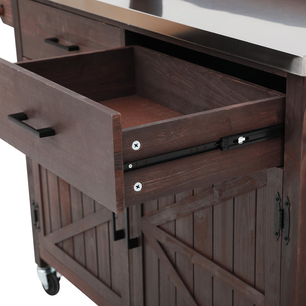 English Elm K&k Solid Fir Grill Cart Stainless Steel Top Outdoor Kitchen Station with Locking Wheels Brown N707P409087Z