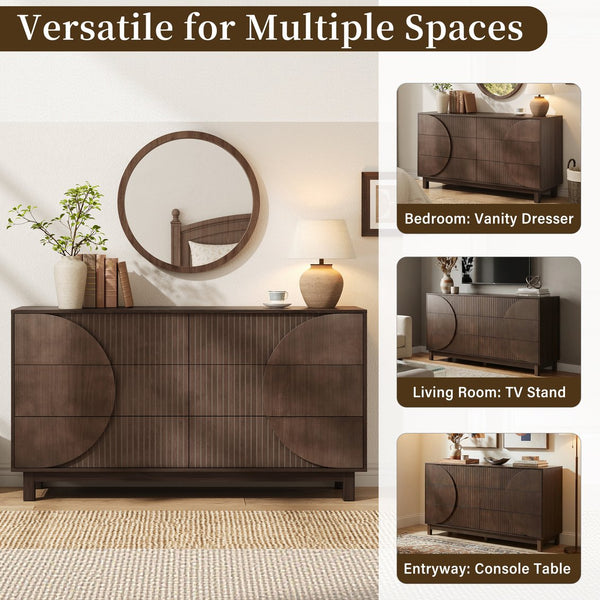 English Elm Modern Fluted 6 Drawer Dresser with Solid Wood Legs Japandi Chest for Bedroom Dark Brown N739S0000015D