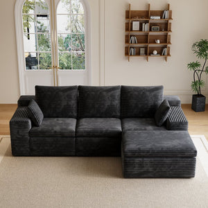 English Elm U Shaped Modular Sectional Corduroy Sofa with Pull Out Chaise for Modern Living Rooms Black W1825P334958