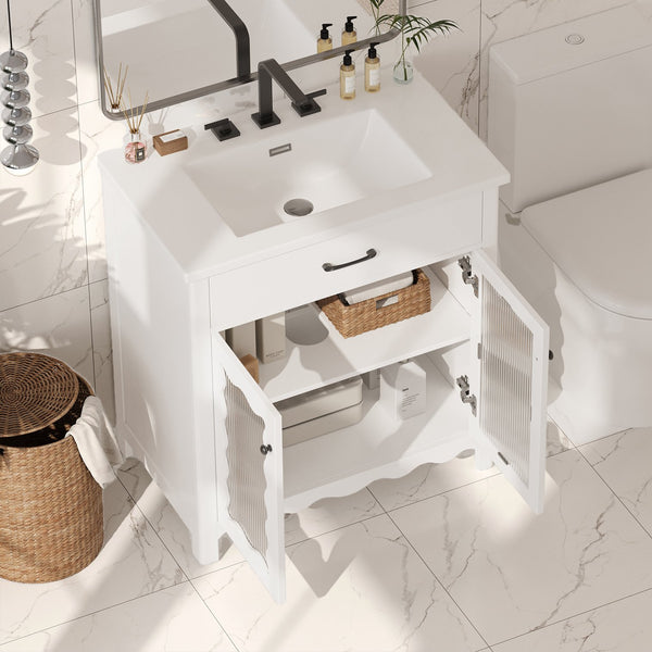 English Elm Christopher Knight Home® - 30 Inches Bathroom Vanity With Tempered Glass Doors, Space-Saving Design, White Rubber Wood Style N817P299499W