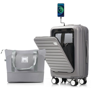 English Elm Front Opening Abs Hard Shell Carry on Set with Usb Port Cup Holder and Spinner Wheels Grey N726P268998E
