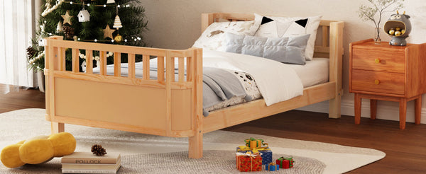 English Elm Twin Solid Wood Platform Bed for Kids with Safety Rail Rust‑Resistant Sturdy Pine Frame, 250lb Capacity Natural 69.48 L x 17.91 W x 7.48 H W2593P190150