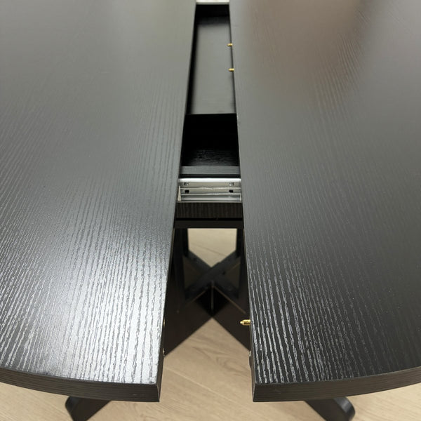 English Elm Dining Table Expandable 43–59" Oval with Removable Leaf, X-Base Farmhouse Style Oak Veneer Black – Seats 6 W1347P202405