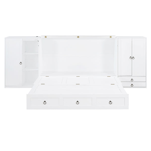 English Elm Queen Murphy Bed with Wardrobe Cabinets Built-in Usb Charging and Concealed Drawers White LP000590AAK