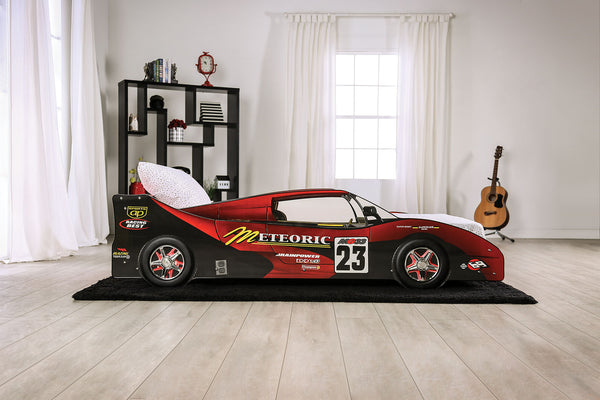 English Elm Modern Twin Race Car Bed With High Gloss Red Finish, Metal Support & Slat Kit - Ignite Imagination! B2741S00498