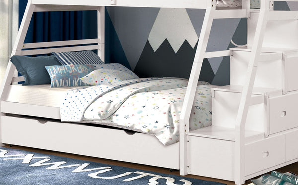 English Elm White Transitional Twin Over Full Bunk Bed With Trundle, Built-In Drawers, And Safe Access Steps B2741S00495-GIGA