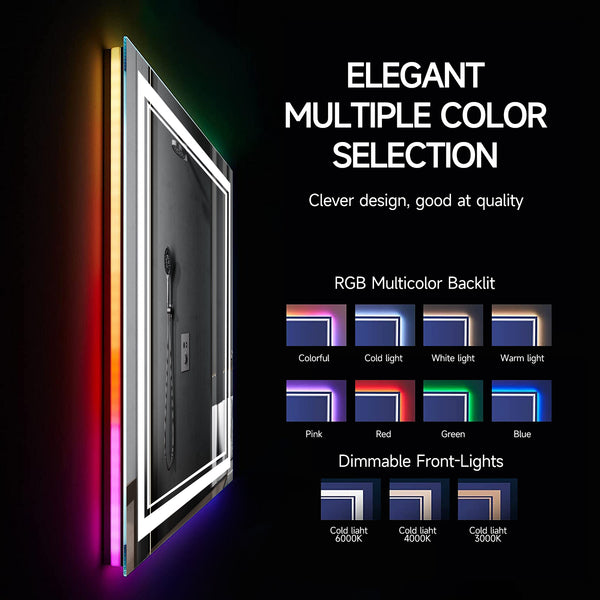 English Elm 60X30 Frameless Led Smart Bathroom Mirror With Rgb Backlight, Anti-Fog & Dimmable Lighting Features T3757P347010