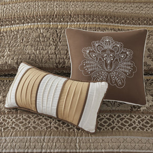 English Elm 6 Piece Bellagio Jacquard Quilt Set Reversible Full/Queen with Embroidered Leaf Motifs & Pillows Brown+Gold 22.44 L x 17.32 W x 12.2 H B03597483