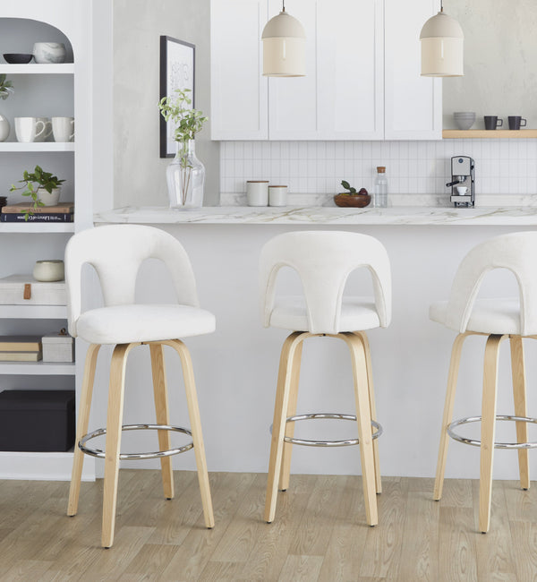 English Elm Fixed-height Swivel Barstools with Bent Wood Legs White Upholstery Chrome Footrest 2 Pack B202S01878