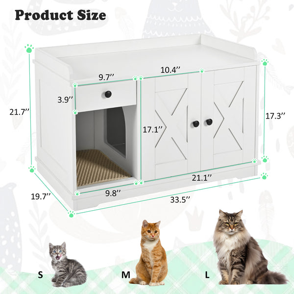 English Elm GO Cat Litter Box Enclosure with Storage Drawer & Mat, Farmhouse White Indoor Cat House Side Table N704P265258K